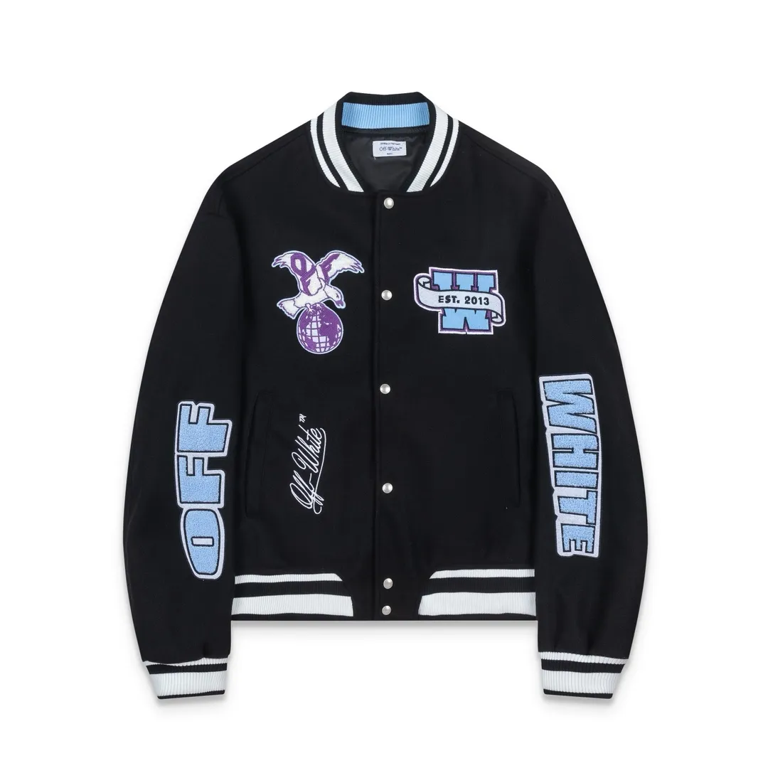 S68#P660, offwhite heavy-duty embroidered baseball jacket. The body is made of woolen fabric. Couple's jacket. Black size: S M L XL